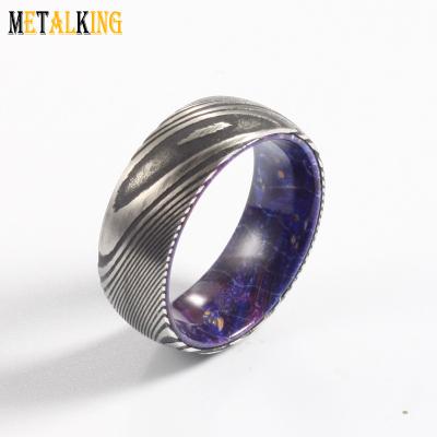 China FASHIONABLE Damascus Steel &Purple Box Elder Wood Sleeve Comfort Ring With Blue Fit 8mm Wide Ring for sale