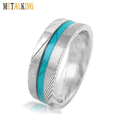 China Ring Mens 8mm Turquoise Rare Steel Inlay Real Damascus Steel Real Damascus Wedding Ring Statement Ring Flat Style for sale