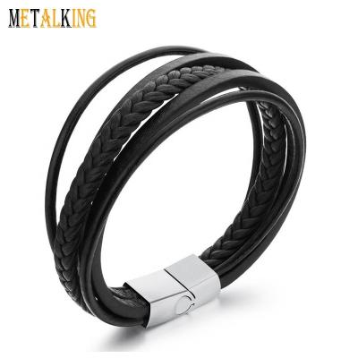 China Vintage Leather Bracelet Magnetic-Clasp Whip Wrap Braided Multilayer Men's Bracelet, 7.5 inch--8.5 inch for sale