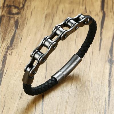 China Stainless Steel Stainless Steel Bike Chain Braided Leather Bracelet For Men Women Wrist Cuff Bracelet for sale