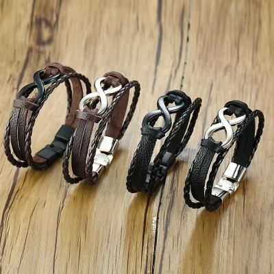 China Leather & Alloy Braided Leather Bracelet For Men Women Alloy Adjustable Infinity Bracelet Black And Brown for sale