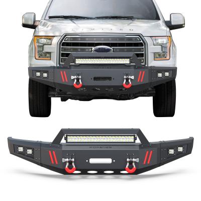 China Steel Bumper Bar With Winch Plate, Long Optical Guide 144W For 2015-2017 Ford F-150 (Excluding Raptor), Textured Front Bumper Black for sale