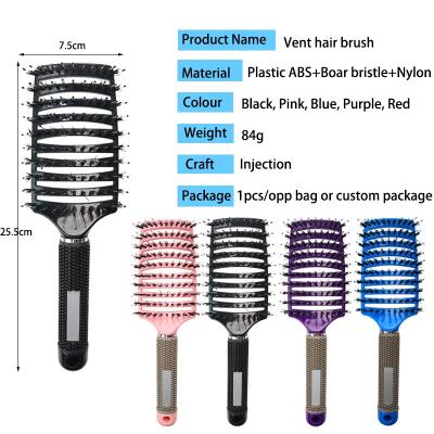 China Logo Professional Curved Vented Detangling Wave Brush Boar Bristle Paddle Customized Hair Brush for sale