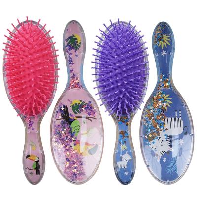 China Cartoon Transparent Liquid Glitter Cushion Glitter Detangling Private Label Assorted Oval Hair Brush For Lady Gift for sale