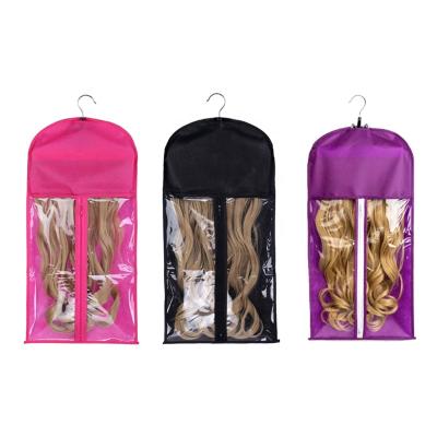 China Super Convenient Nonwoven Storage Bag Customized Wig Logo PVC Window Wig Bag Hair Extensions Bag With Hanger for sale