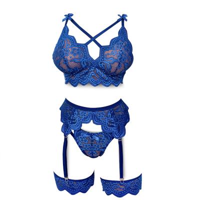 China AliExpress 2022 new sexy lingerie women's bra perspective ultra-thin lace temptation sexy garter set 4 piece underwear set for sale