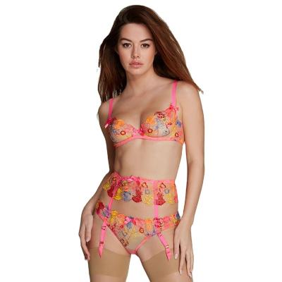 China 2021 new fashion women's sexy lingerie boutique embroidery heavy craft flower mesh broken garter set underwear gathered three-piece set for sale