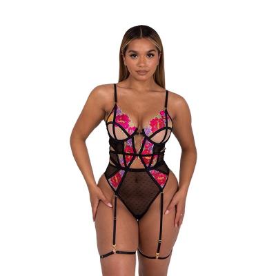 China 2021 high-end quality new popular women's lingerie embroidery splicing bodysuit sexy classic heavy mesh lace craft corset jumpsuit for sale