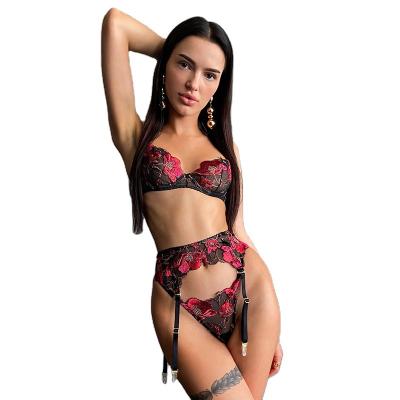 China 2021 Christmas new sexy women's lingerie set embroidered flower garter sexy three-piece body shaping underwear set lingerie for sale