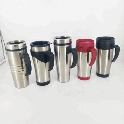 China Double Wall Travel Mug Car Mug Business 16oz Stainless And Plastic Travel Mug With Lid And Handle for sale