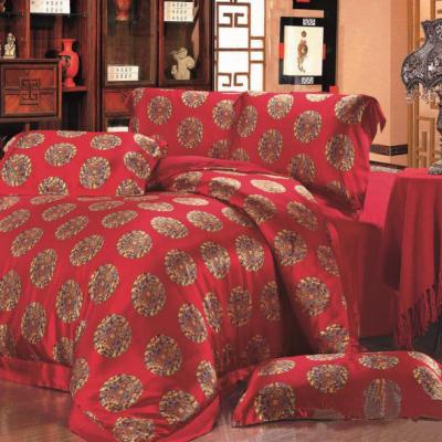 China Folded Bedding Sheet Set Home Textile Color Jacquard 100% Silk Fabric Material Crimson King Size Bedsheet for sale