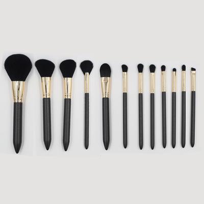 China OEM ODM 12pcs Bristle Function Makeup Brush Set Makeup Brush Set Full Aluminum Tube Plus Handle Black Wooden Gold for sale