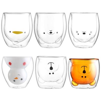 China 250ml Cute Bear Stocked Colored Double Wall Borosilicate Glass Heat Resistant Mug for sale