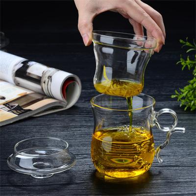 China 350ml Heat Resistant Glass Handwork Tea Cup Three Stored Heat Resistant Glass Cups for sale