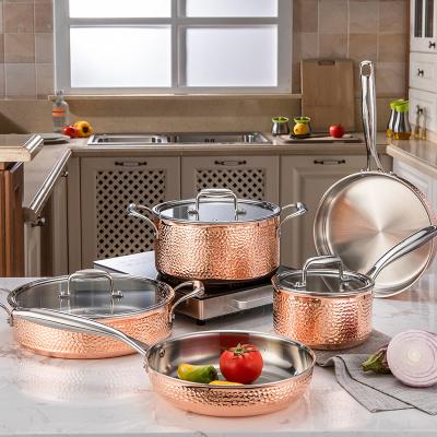 China 5 PCS Viable Triple Stainless Steel-Copper Pots and Pan Hammered Cookware Set for sale