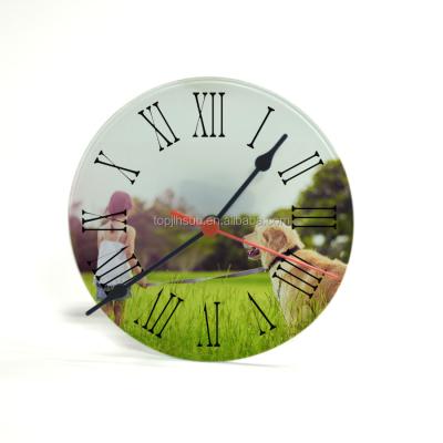 China Antique Style 10 Inch Sublimation Blank Glass Clock Tempered Glass Round Shape Digital Wall Clock for sale