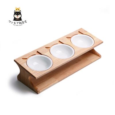 China Small Pet Dog Raised Bamboo Raised Stocked Cat Food Water Dish Feeder With 3 Ceramic Bowl for sale