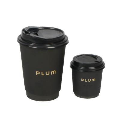 China 4oz 8oz 12oz Recyclable Disposable Wall Gold Foil Double Stamping Custom Logo All Black Hot Paper Coffee Cup With PS Lid for sale