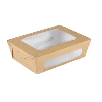 China Food Grade Disposable Foldable Brown Paper Salad Box With Clear Window Take Out Container Package for sale