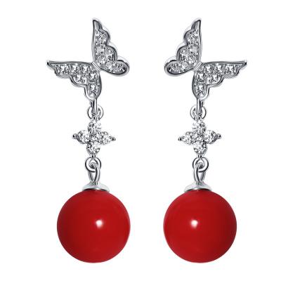 China Casual/Sporty Creative S925 silver temperament ladies earrings senior sense red pearl butterfly earrings for sale