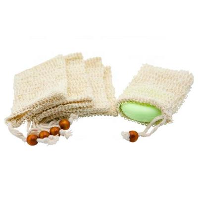 China Handmade custom logo ramie drawstring natural soap cotton sisal exfoliating bag for shower drawstring sisal soap bags sisal bag mesh for sale