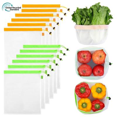 China Eco Friendly Recycled Reusable Handled Mesh Produce Bag RPET Mesh Fruit And Vegetable Storage Material PET Bag for sale