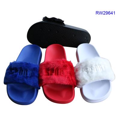 China Slippers RW29641, Hot Selling Embroidery Fur Slide Slippers, Soft Fashion Fur Slide Slippers for sale