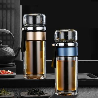 China Separate tea from the hot sale portable water bottle double wall tea brewing cup separate desk leak-proof transparent glass cup with tea filter for sale