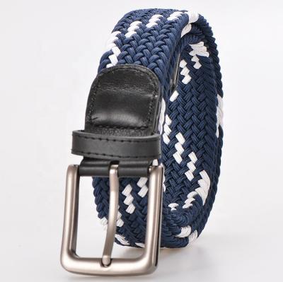 China Fashional Excellent Quality Knit Rayon Navy White Golf Belt With Genuine Leather Tap for sale