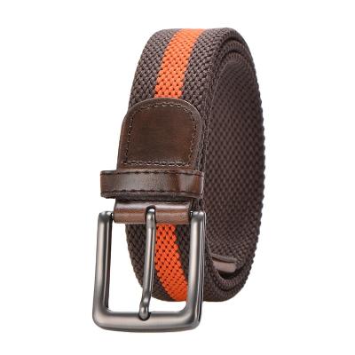 China Fashional Braided Elastic Stretch Woven Belt With Leather Tip Nickel Pin Buckle 41 45 49in for sale