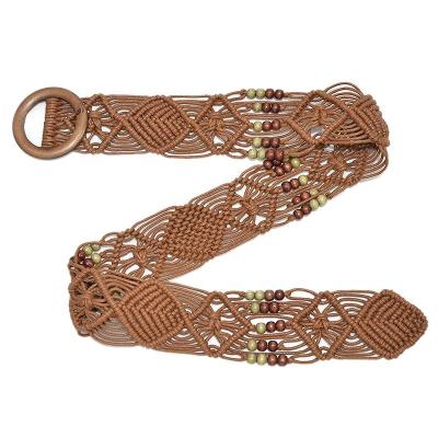 China Wild Women Wax Rope Braided Belt Wooden Buckle Beaded Weave Belt Ladies Wood Beads Mixed Wax Rope Knit Belt for sale