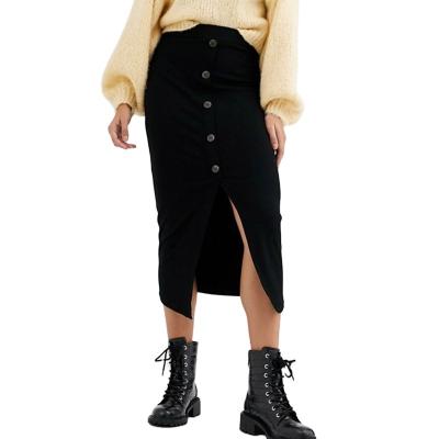 China Breathable Women Knit Long Rib Skirt With Button Center Front Elastic Waistband Casual Skirt for sale