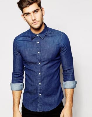 China Long Sleeve Mens Denim Shirt with Long Sleeves in Rinse Wash for sale