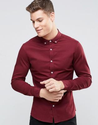 China Anti-pilling 2021 Autumn Long Sleeves Men's Skinny Twill Shirt in Burgundy for sale