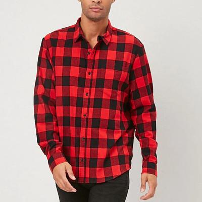 China Viable Men's Long Sleeve Plaid Flannel Shirt Chest Patch Pocket Warm Buttoned Front And A Curved Edge for sale