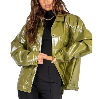 China Chic Oversized Green Vinyl Jacket Fashion Vintage Faux Leather Jacket Autumn Chic Jacket for Rock Band for sale