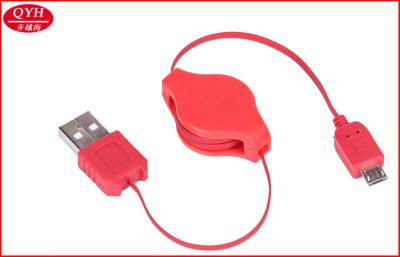 China Red Flat PU USB To Micro USB Two Way Retractable Cable 0.8*2.4 mm for sale