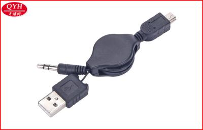 China Mini 5pin to USB A male Retractable Charging Cable Flat PU Cord 3.5mm Plug for sale