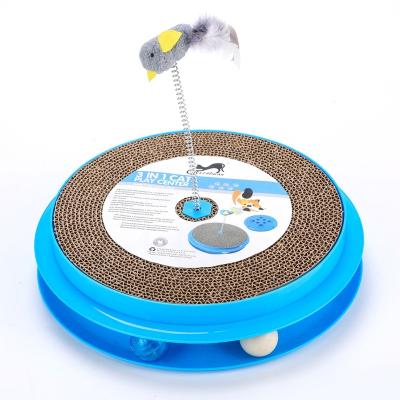 China Blue Round Classic Design Spring Bird Toy Interactive Indoor Cardboard Cat Scratcher Durable Protection With 3 Balls for sale