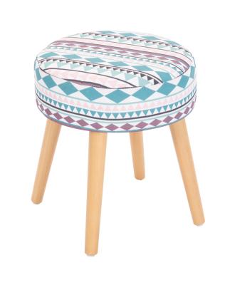 China Storage Customized Bohemian Style Ottoman Pouf Round Floral Fabric Seat Foot Stool With Wooden Stool Legs for sale