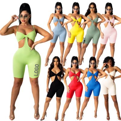 China QUICK DRY knitted short jumpsuit ladies casual floral logo romper tie cross hollow halter sexy plus size 5XL mesh women body suit for sale