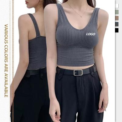 China 2022 summer custom logo v neck gym sport QUICK DRY ribbed yoga top empty sexy halter top fitness vest crop top crop top nylon tank top for sale