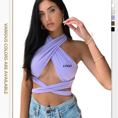 China QUICK DRY crop top korean style for women 2022 summer sexy halter vest cross tie up unique hollow back solid club top design ARC solid for sale