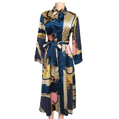 China 2020 Anti-wrinkle Real Silk Satin Dress Long Sleeve Button Down Midi Dress Casual Dress for sale