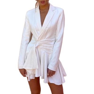 China Anti-static Women's Blazer Peplum Cotton Canvas Dresses V-Neck Long Sleeve Dress Casual Wrap Dress for sale