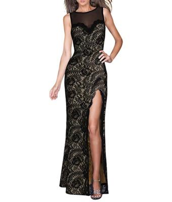 China Anti-Static Women's Retro Flare Lace Side Slit Evening Black Maxi Dress Cocktail Party Prom Maxi Dress for sale