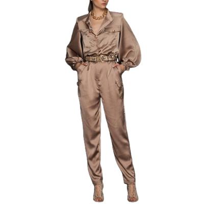 China QUICK DRY luxury high quality satin long sleeve jumpsuit fashion women silk belted cargo with long pants for sale