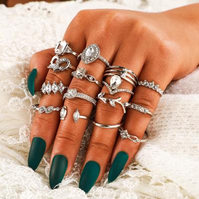 China Foreign Trade Nickel Free Women's Ring Set Wholesale Fashion Ol Leaf Love Geometric 15-Piece Diamond Set Ring for sale