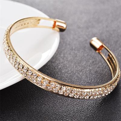 China New Fashion Hiphop Popular High Quality Rose Gold Silver Diamond 2 Row Open Bangle Women Bracelet Jewelry for sale