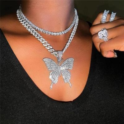 China Nickel Free Big Butterfly Pendant Necklace Chain For Women Rhinestone Bling Tennis Crystal Choker Necklace Chain for sale